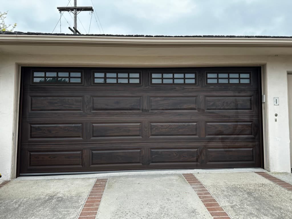 Cedar modern horizontal-slat garage door with side windows, Clairemont