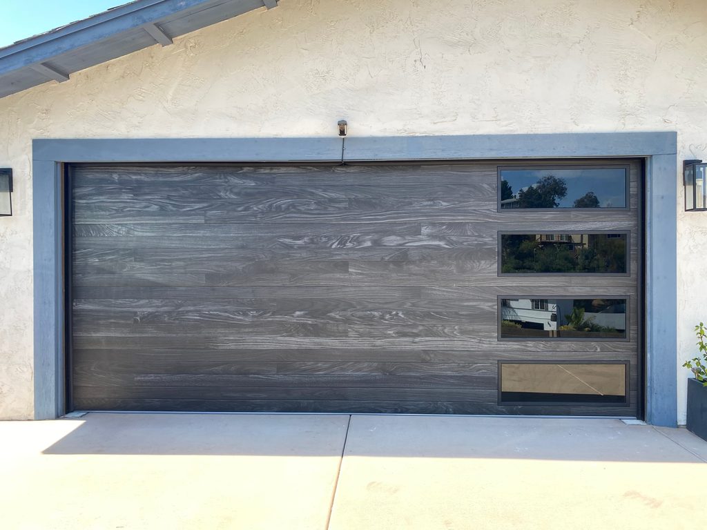 Wood modern horizontal-slat garage door with side windows, Clairemont